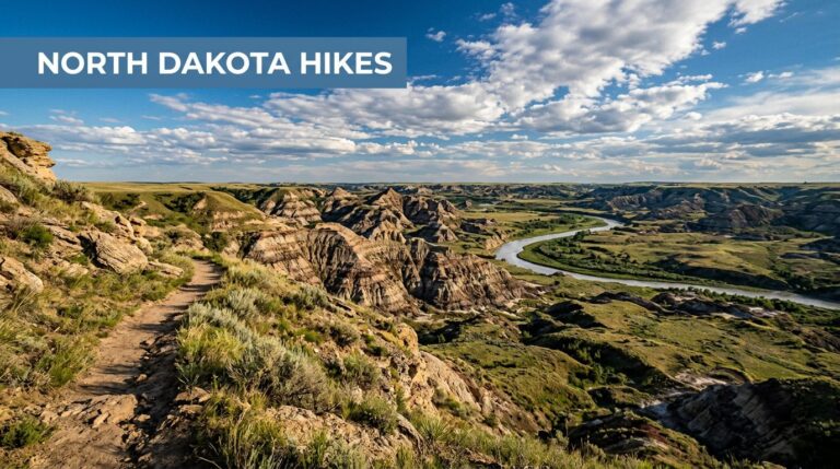 A trail overlooks striped badlands, grassy ridges, and the winding Little Missouri River.
