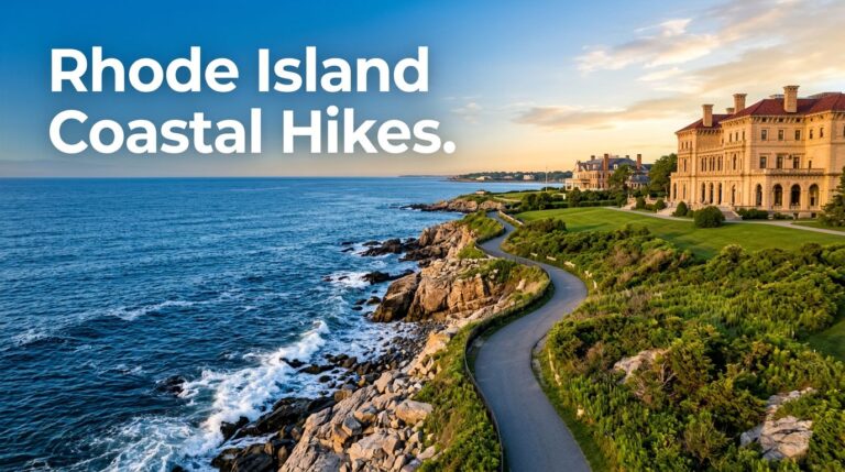 A coastal path beside blue waves, grassy cliffs, and historic Newport mansions.