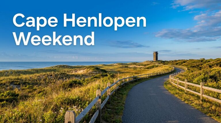 Paved trail through Cape Henlopen dunes toward the ocean, with a boardwalk and Fort Miles in the distance.