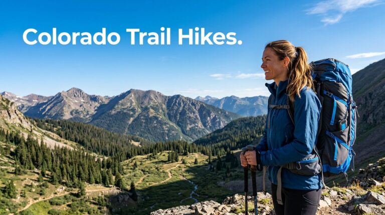 Backpacker overlooking Colorado mountains, pine forests, and a winding trail.