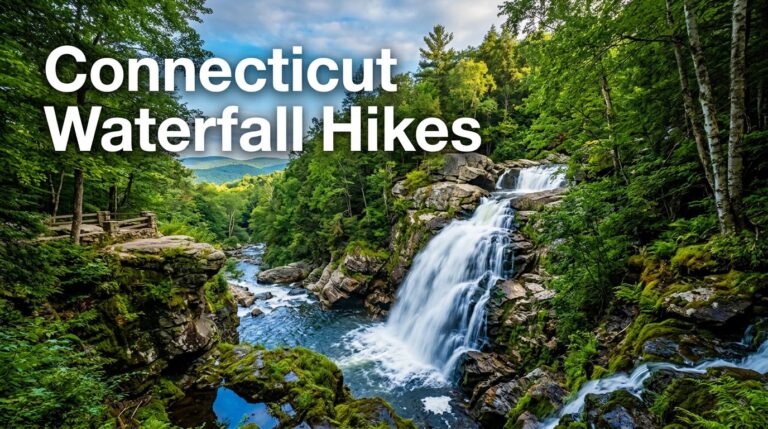 A waterfall drops into a mossy gorge beneath trees, with a rocky ledge and distant ridgeline.