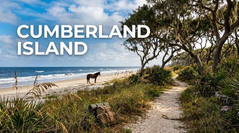 A wild horse stands beside an Atlantic beach at the end of a sandy island trail.