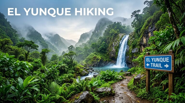 Misty El Yunque trail beside a waterfall with lush leaves and mountains.