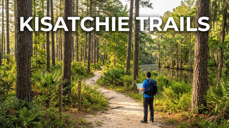 A hiker with a map stands on a sandy trail among Louisiana pine trees.