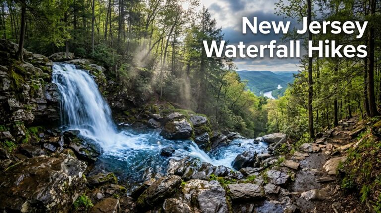 Waterfall beside a mossy trail with a winding river and distant ridges.