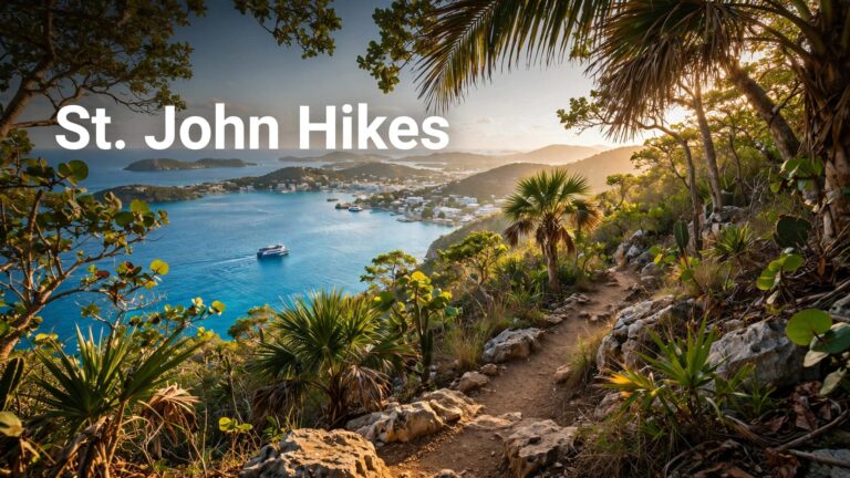 A tropical trail leads to a sunny overlook of Cruz Bay and a ferry on blue Caribbean water.
