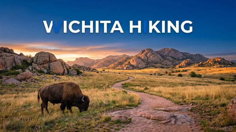 A bison grazes beside a granite trail in the Wichita Mountains at sunrise.