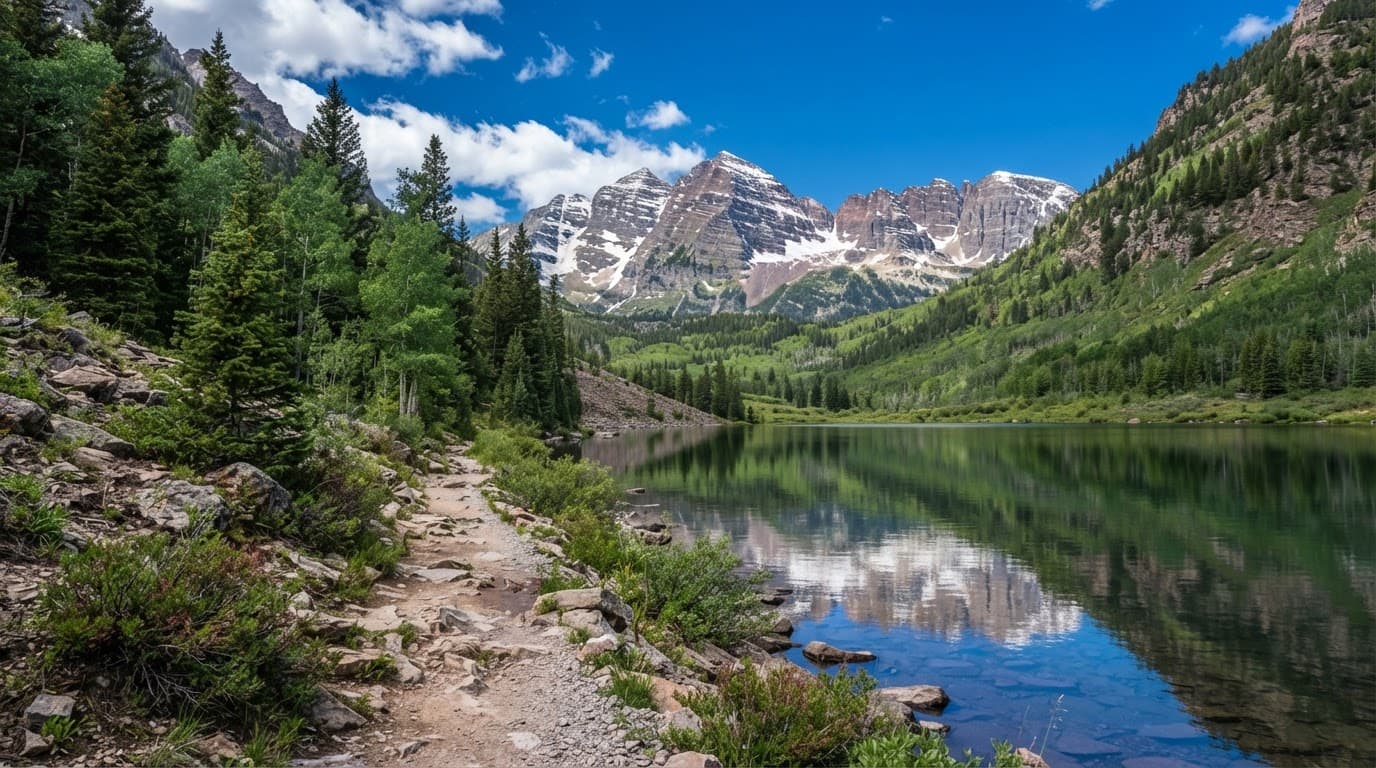 A trail beside a mountain lake with pine trees, aspens, and snowy peaks.