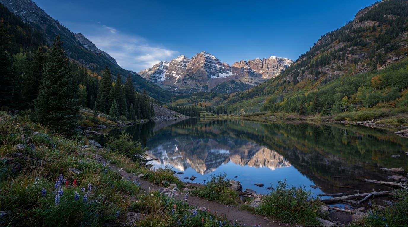 An alpine lake reflected in calm water at sunrise with an alpine shoreline.