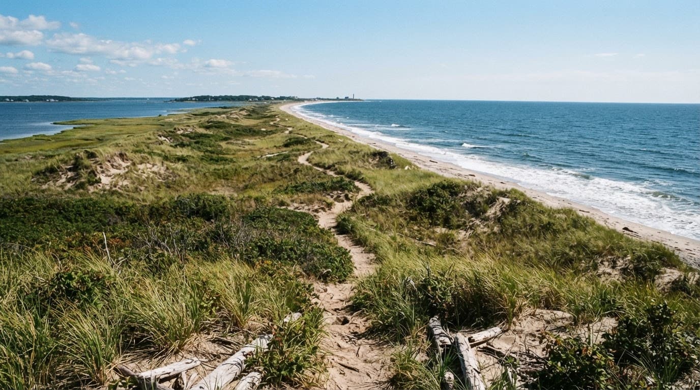 A sandy trail winds between grassy dunes beside the ocean.