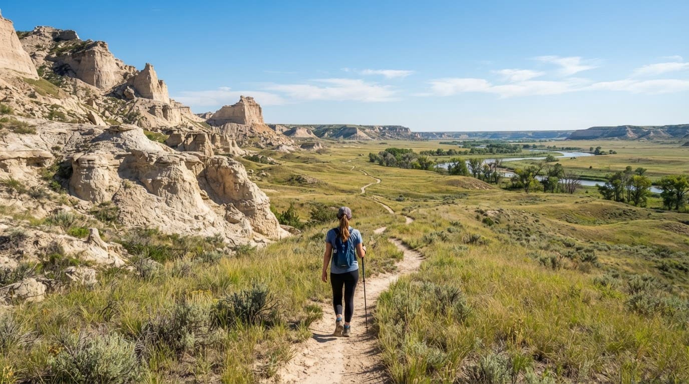 A lone hiker walks beside sandstone bluffs across open Nebraska prairie.