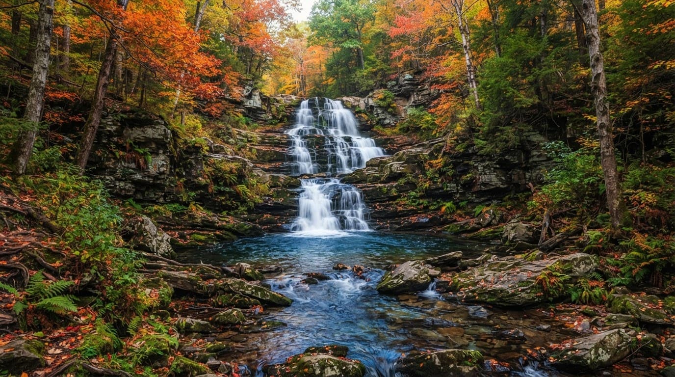 A waterfall flows over rocks into a clear stream in an autumn forest.