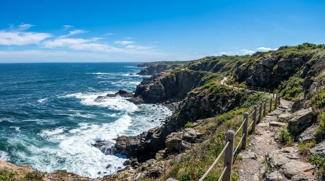 A coastal trail winds along cliffs above blue ocean waves.