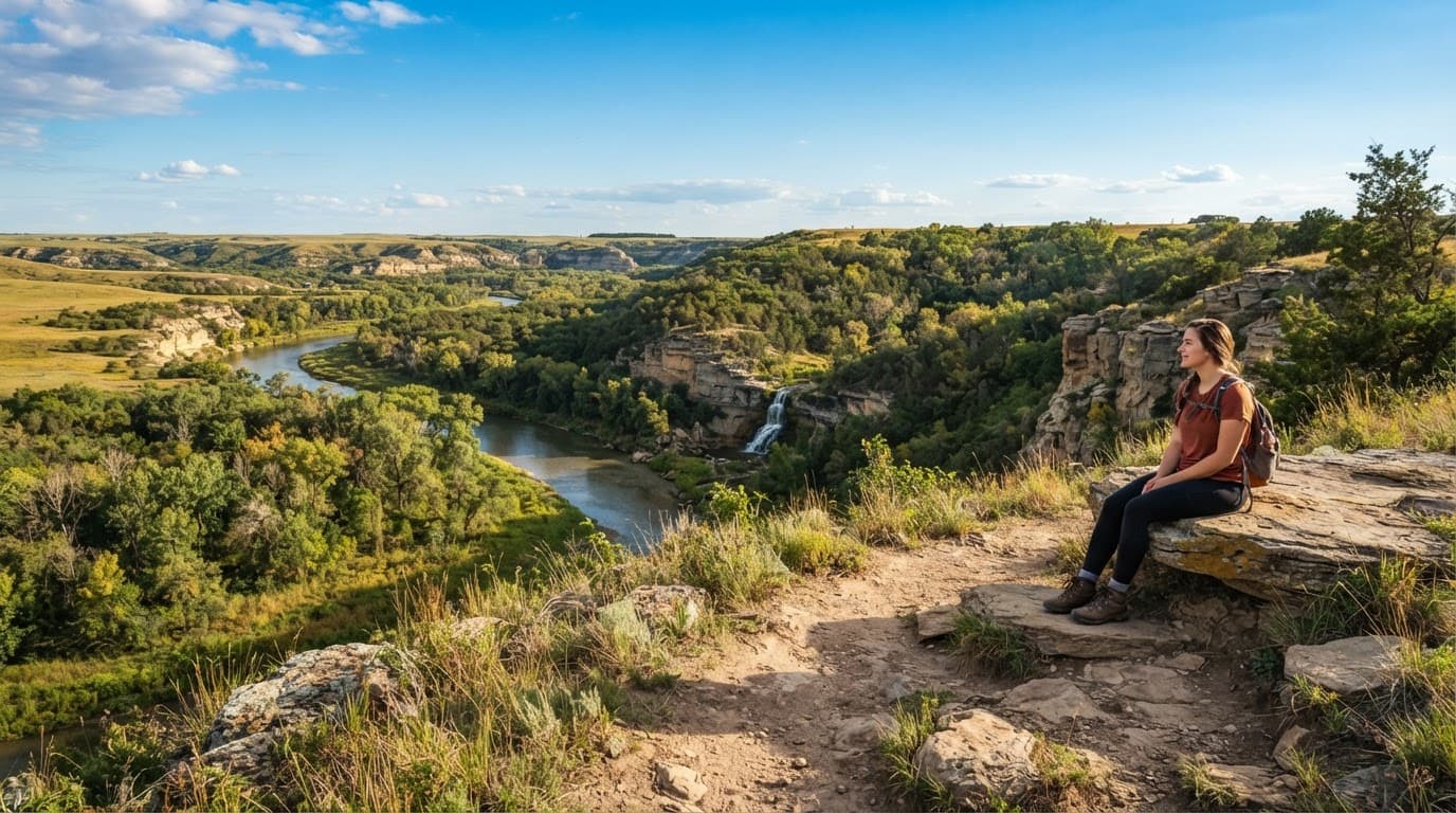 A lone hiker rests beside a trail overlooking a river, cliffs, and waterfall.