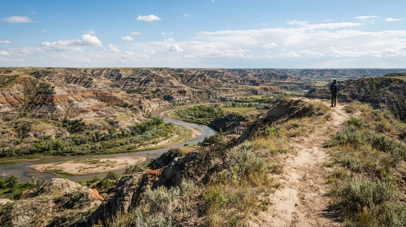 One hiker overlooks colorful cliffs and winding river valleys under a sunny sky.