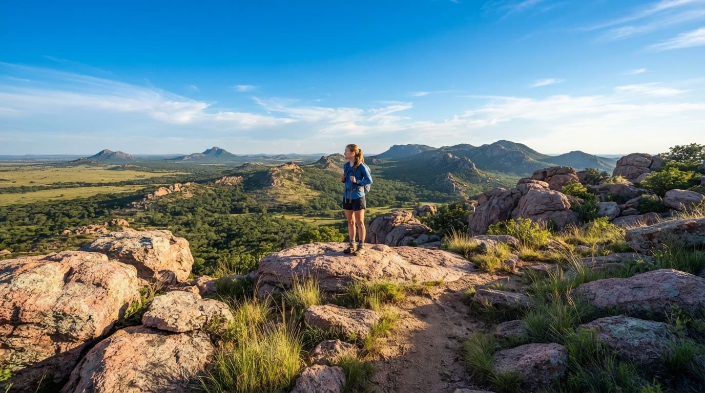 A lone hiker stands near pink rock formations above open grassland.