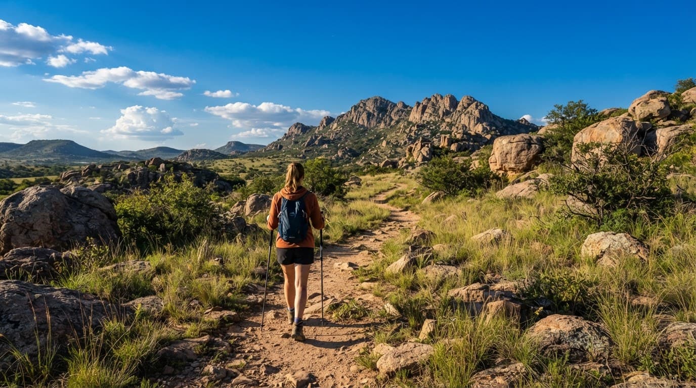 A hiker follows a dirt trail through boulders toward a rocky ridge.