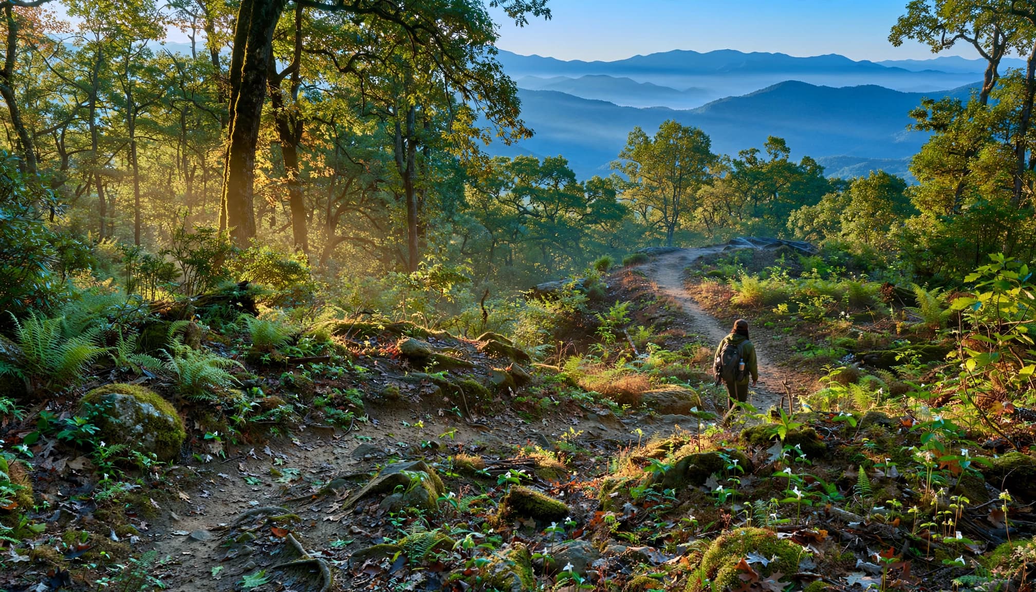 One hiker follows a forest trail toward blue mountains.