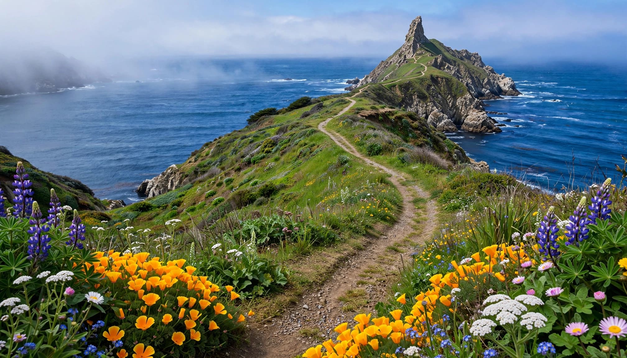 A flower-lined trail leads across a green bluff toward Chimney Rock and the Pacific Ocean.