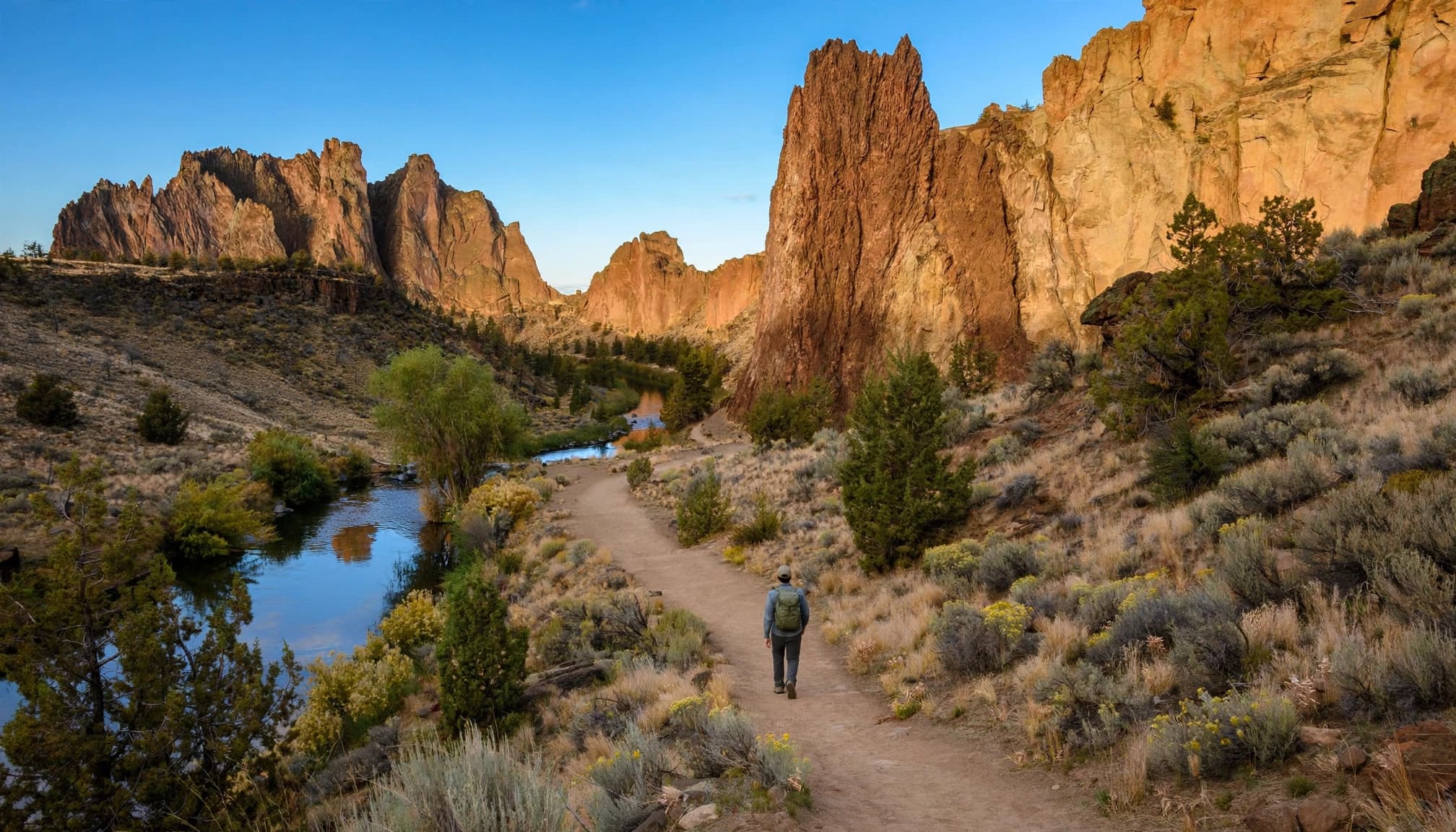 A lone hiker walks beside the Crooked River beneath warm desert cliffs.