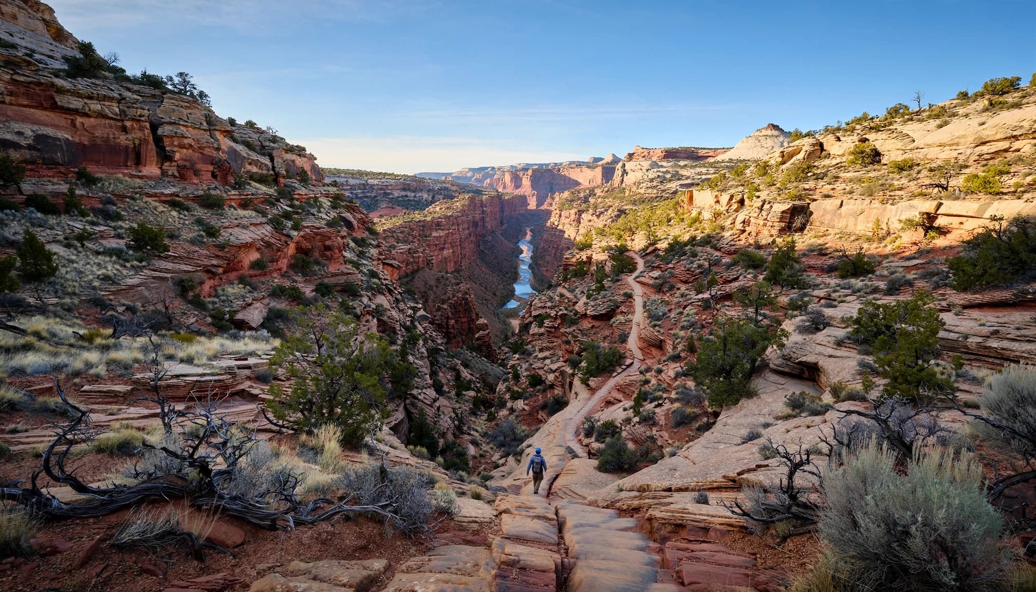 A lone hiker follows a slickrock trail through a sunlit desert canyon.