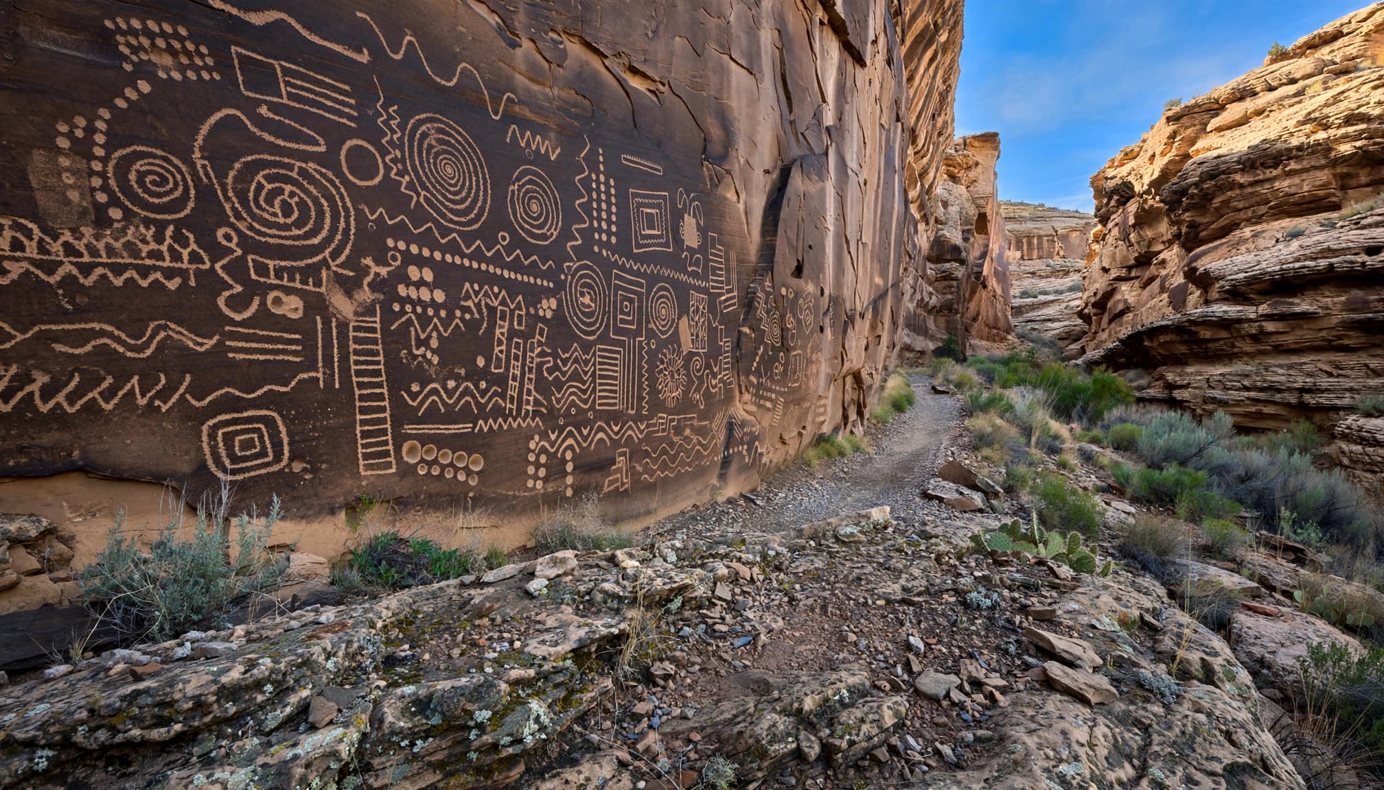 Ancient carvings line a sandstone wall beside a narrow canyon trail.