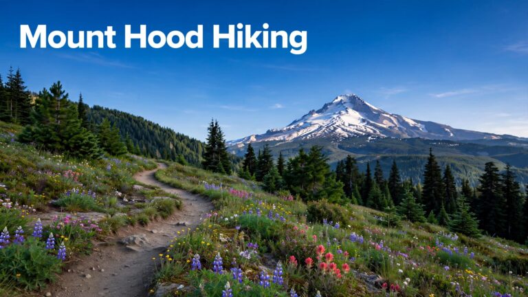 A mountain trail leads through wildflowers and evergreens toward snowy Mount Hood.