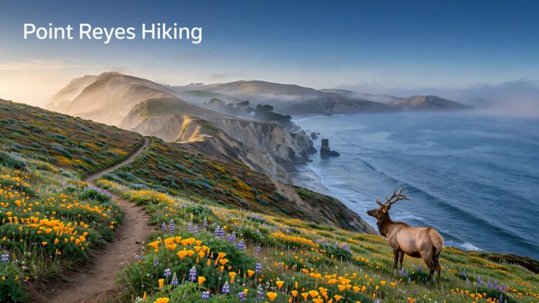 A Tule elk stands beside a coastal trail near Point Reyes cliffs at sunrise.