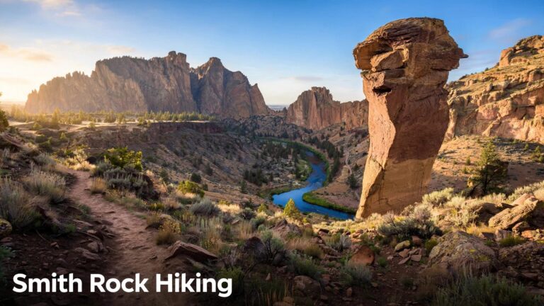 Smith Rock cliffs and Monkey Face rise above a hiking trail and the Crooked River.