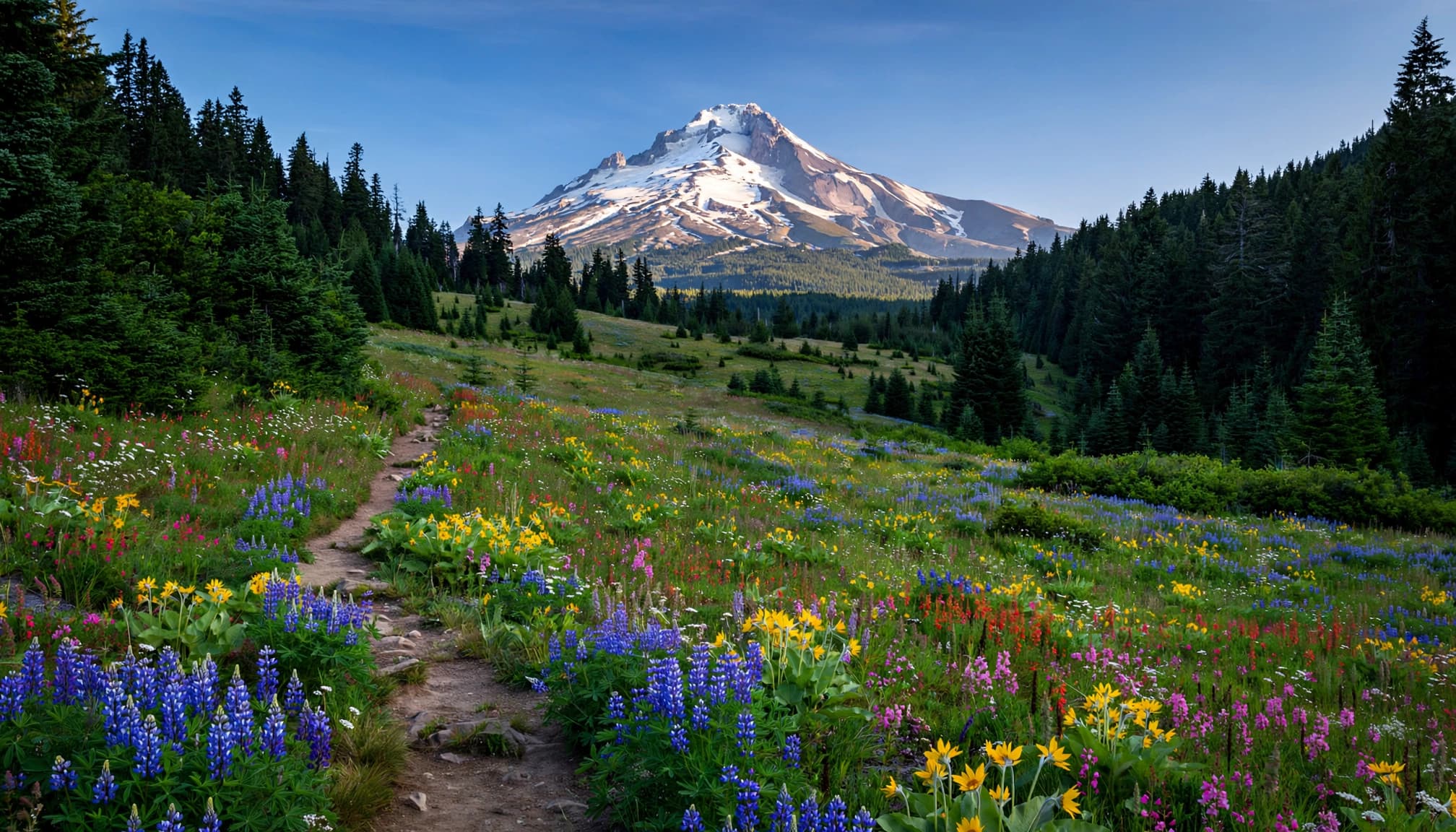 An empty trail crosses wildflowers toward snow-covered Mount Hood.