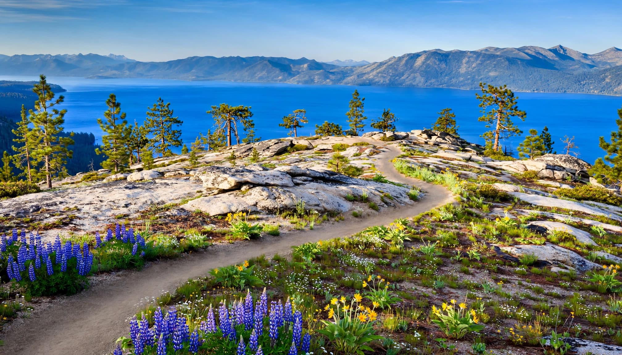 A granite trail curves above blue Lake Tahoe with pine trees and wildflowers.