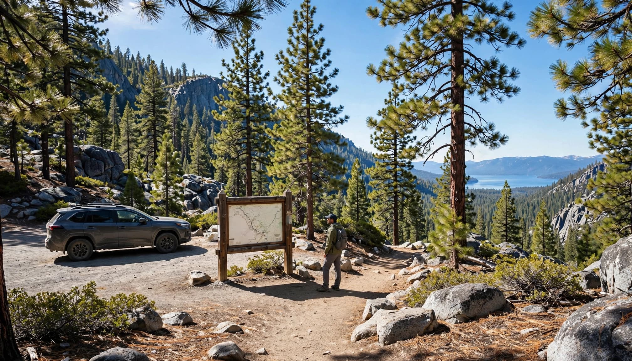 A hiker with a daypack stands at a forest trailhead beside an SUV.