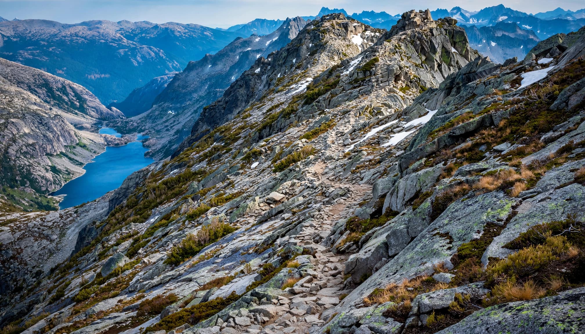 A steep granite trail rises toward a snowy pass above a blue alpine lake.