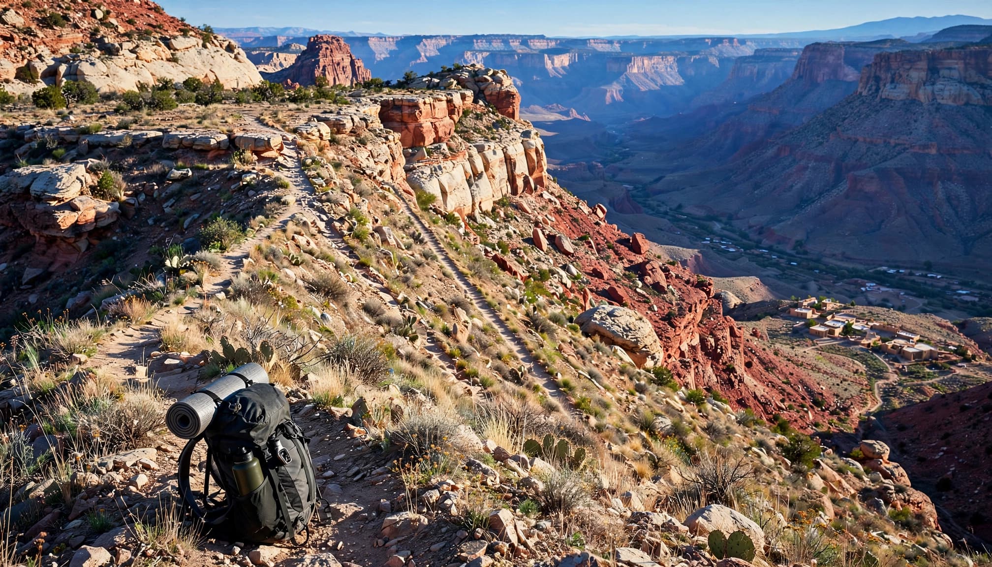 A lone backpack sits beside a trail descending toward a distant canyon village.