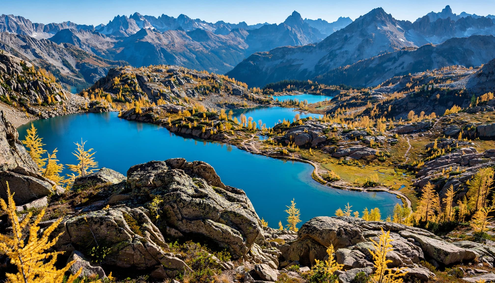 Turquoise lakes and golden larches sit below granite peaks, with a trail along the water.