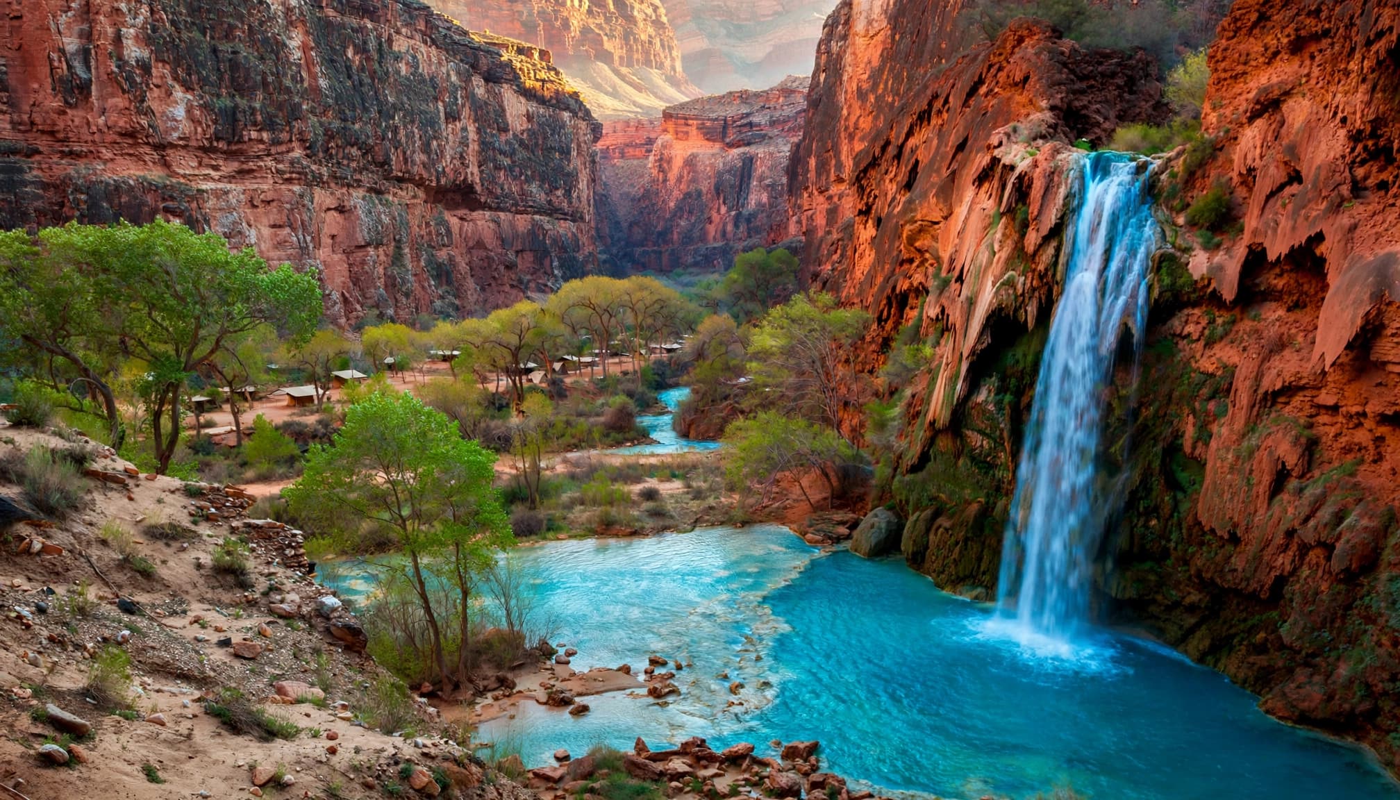Havasu Falls cascades into a clear pool beneath red canyon walls.