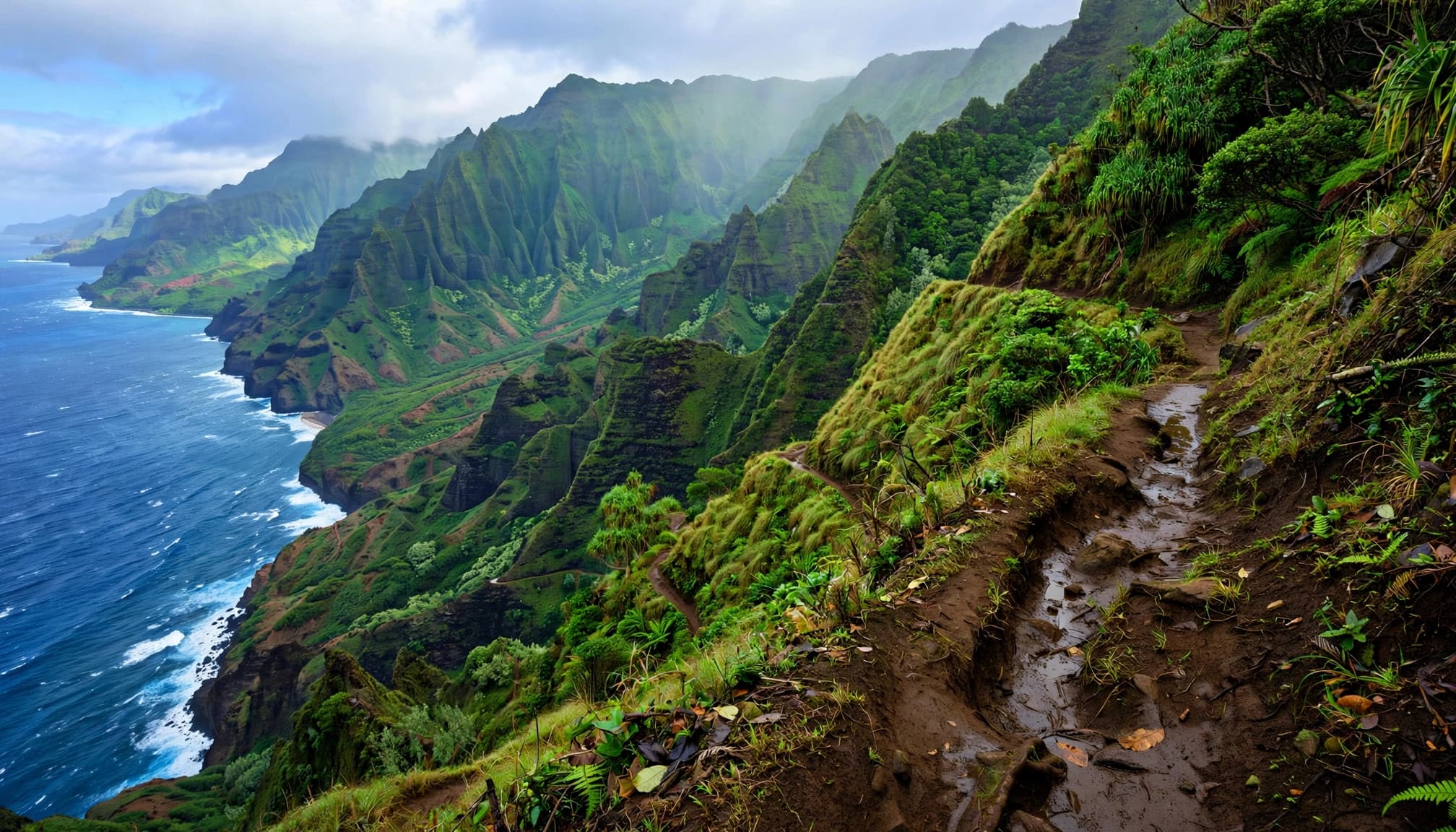 A muddy trail crosses a green hillside high above the Pacific Ocean.