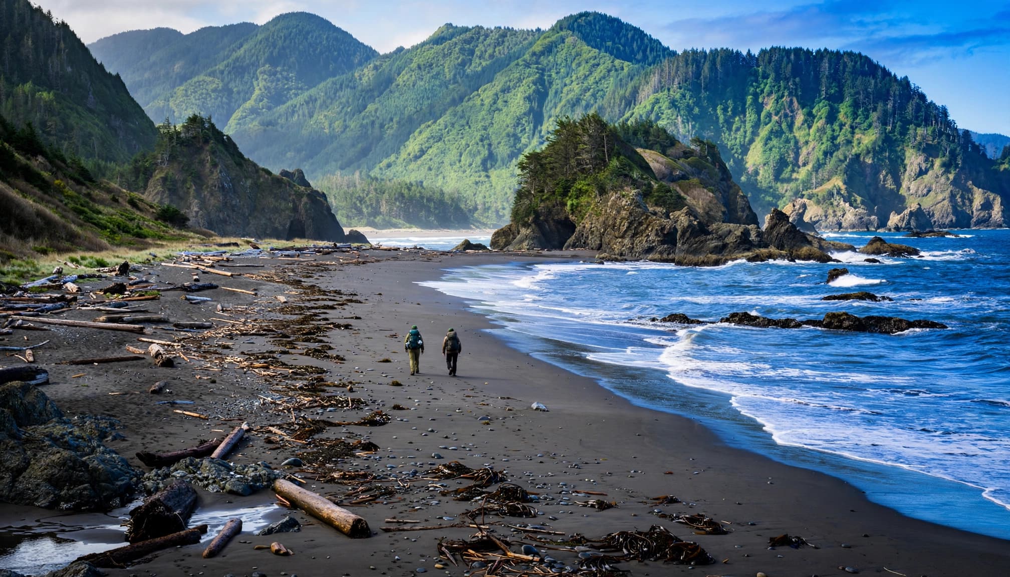 Two backpackers cross a dark beach beneath green mountains beside the blue ocean.
