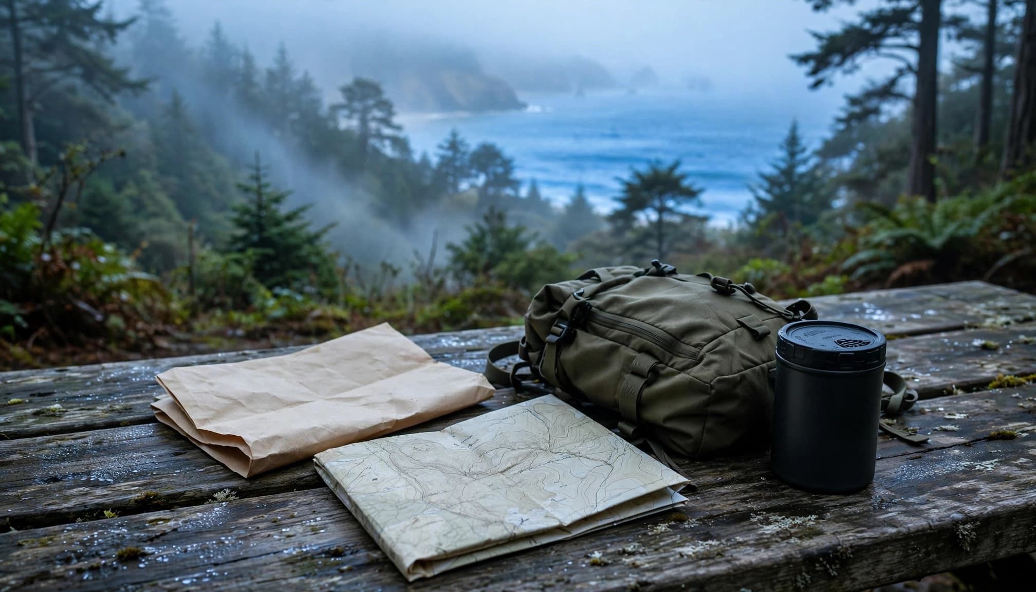 A trail permit, map, backpack, and food canister sit on a table near the ocean.